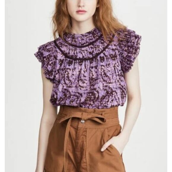 ULLA JOHNSON Amai Blouse Purple Batik Top Size 2 Small Flutter Sleeve Boxy - Picture 10 of 15